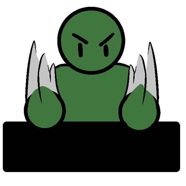 An angry green figure slamming their hands down on a horizontal black rectangle.